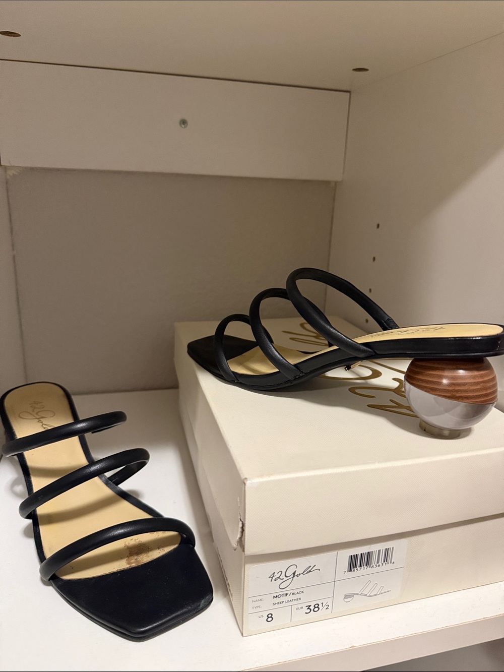 42 GOLD Black Strappy Heeled Sandals with Sculptural Round Heel